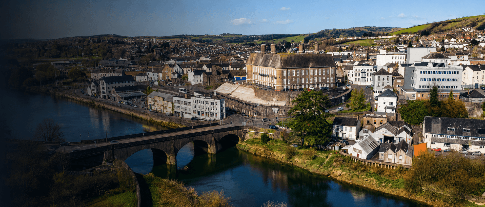 Carmarthen town, River Tywi, castle and county town viewed from above