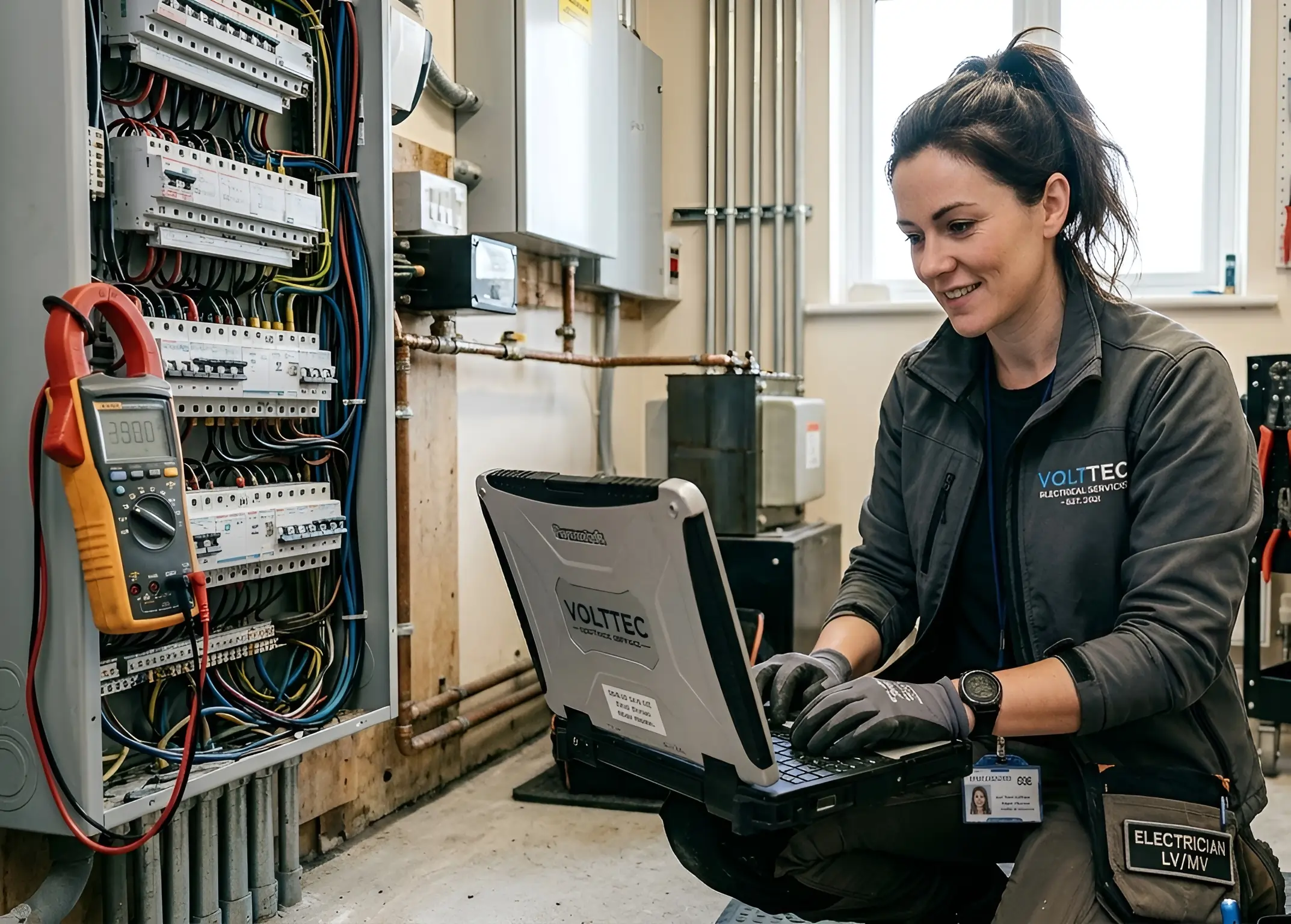 Electrician working on a consumer unit, professional electrical installation services