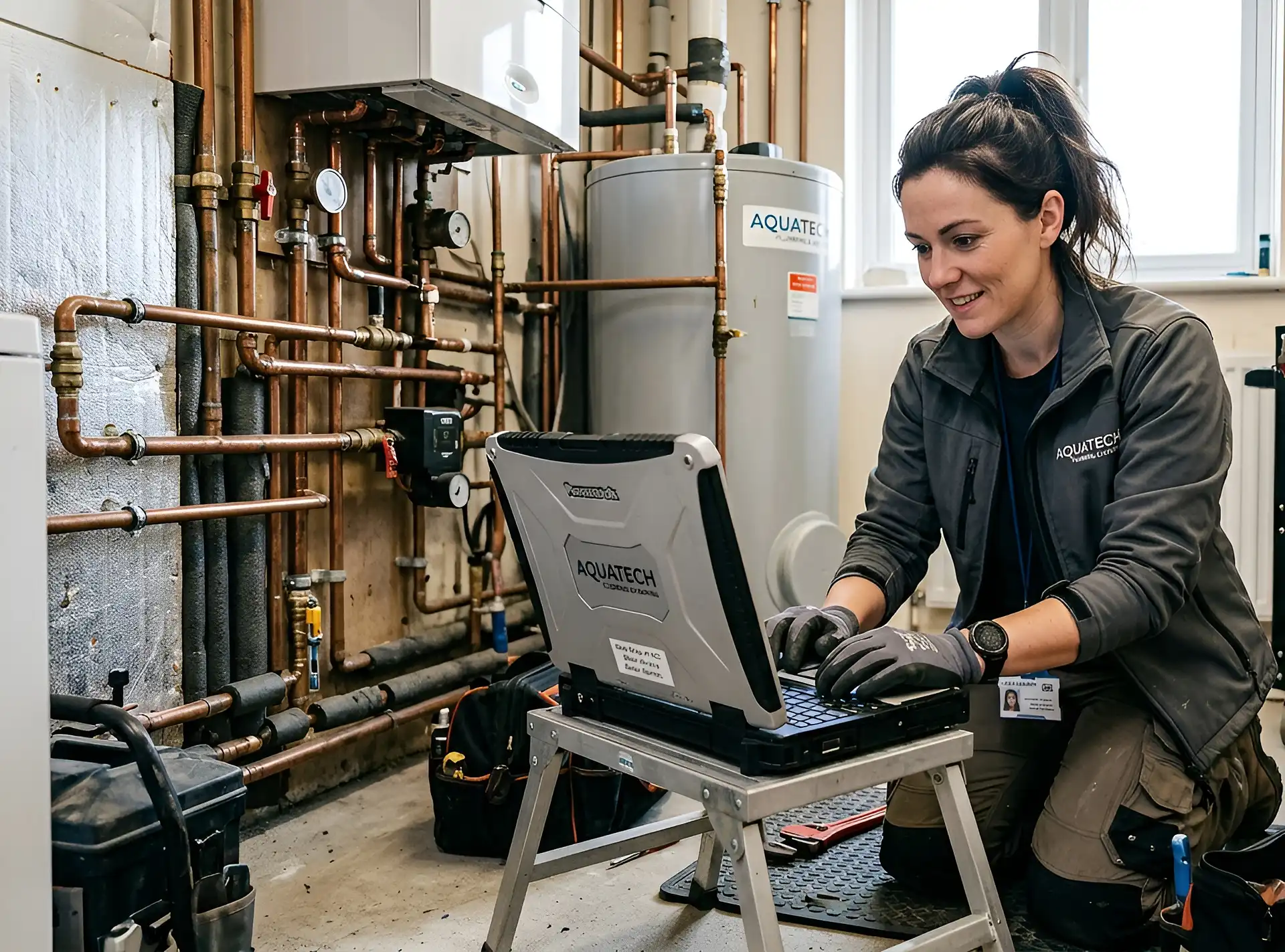 Plumber working under a sink, professional plumbing and heating services