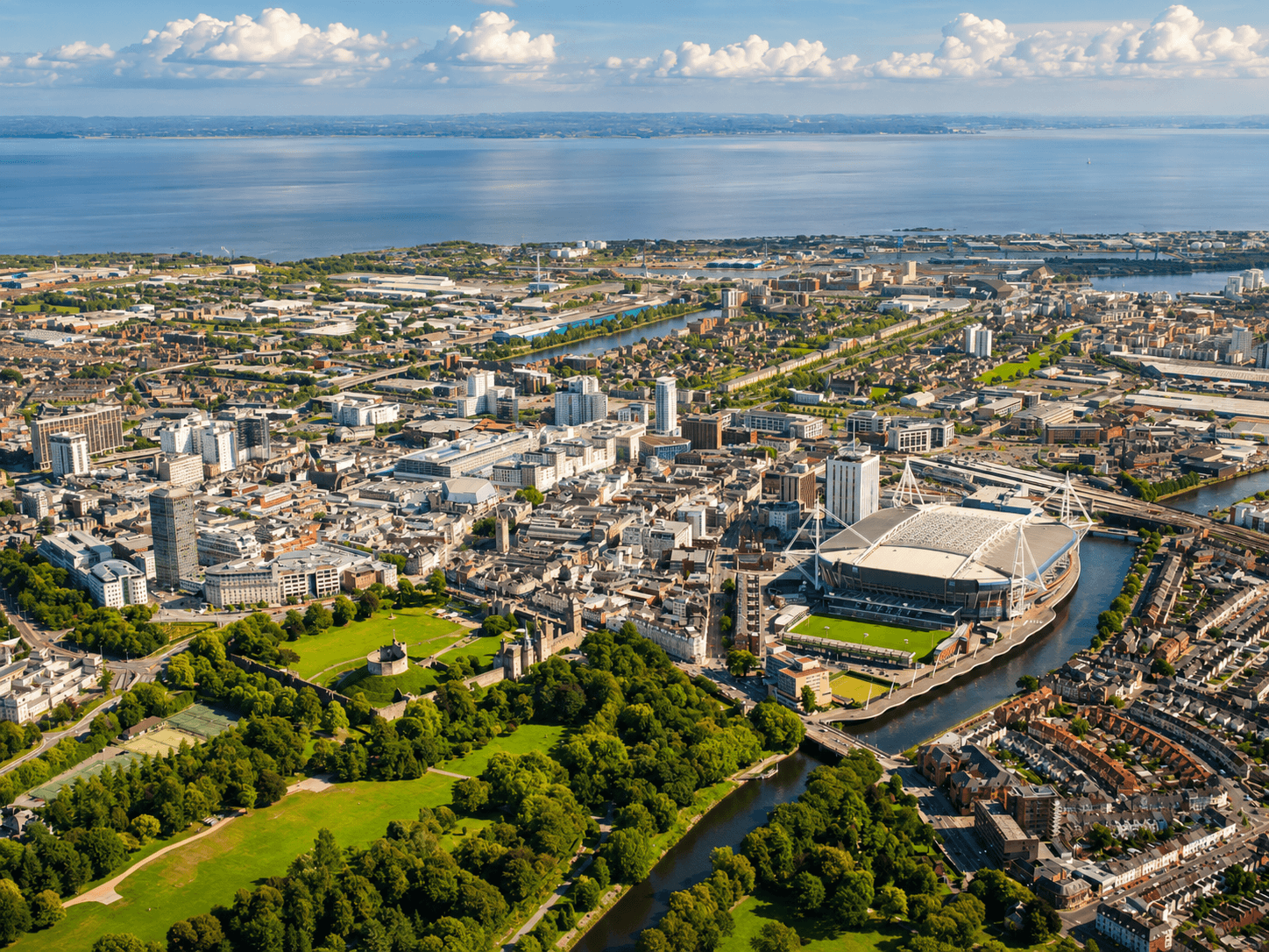 Cardiff city centre, castle, Bute Park and Principality Stadium from above