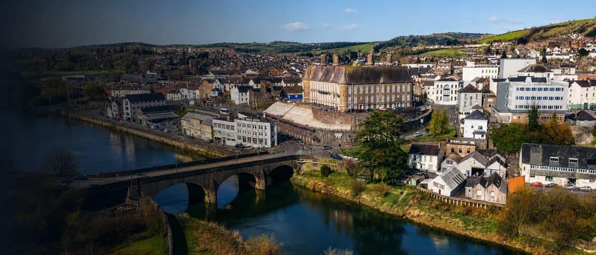 Carmarthen town, River Tywi, castle and county town viewed from above