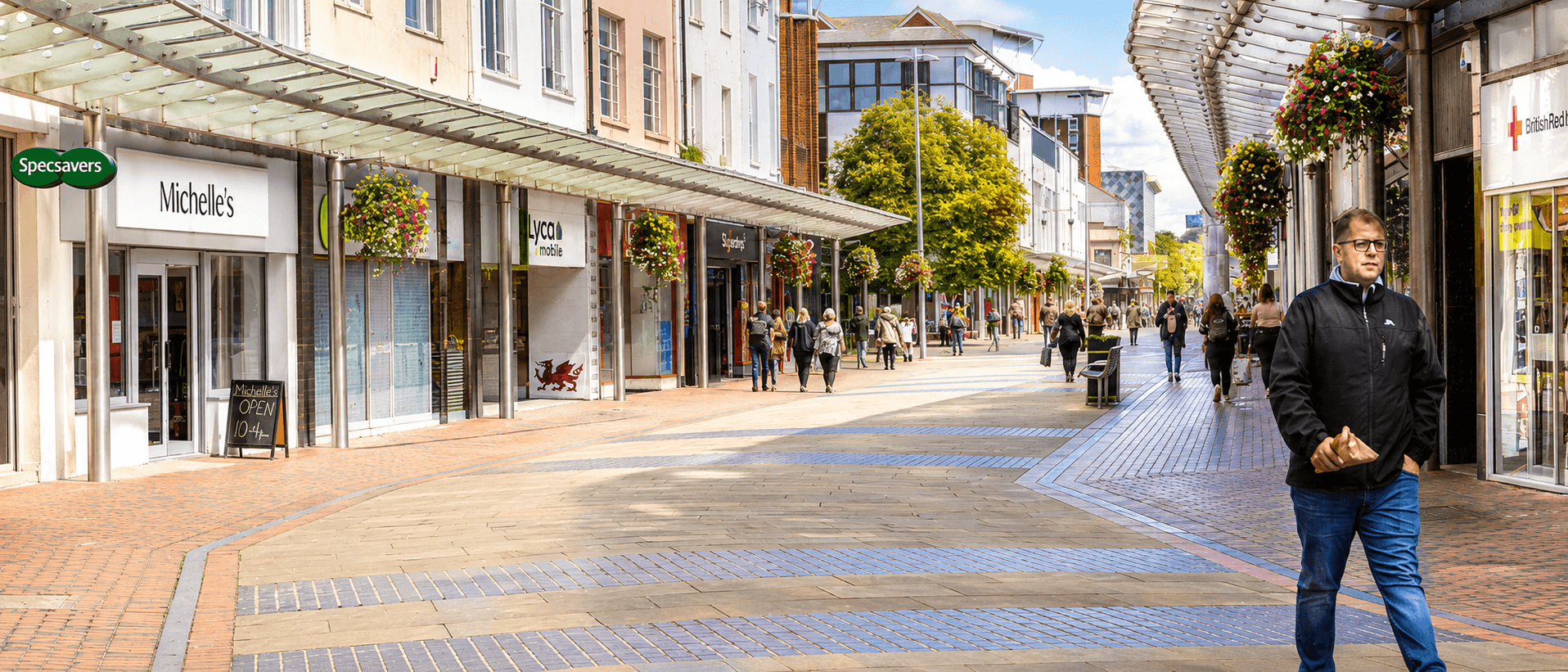 Llanelli town centre, pedestrianised shopping street with local retail