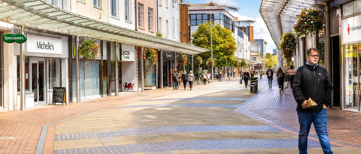 Llanelli town centre, pedestrianised shopping street with local retail