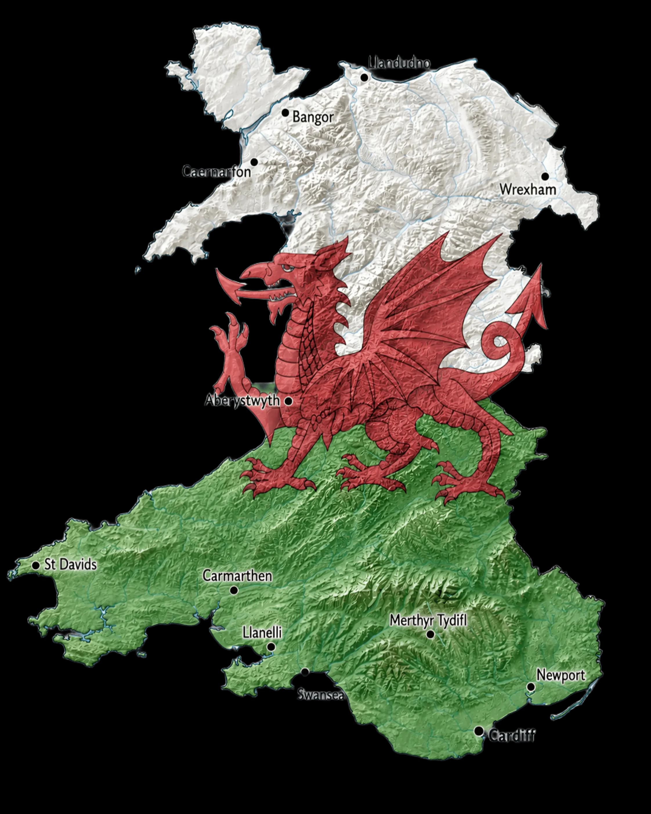 Map of Wales showing towns and cities served for web design: Cardiff, Swansea, Carmarthen, Newport, North Wales and more