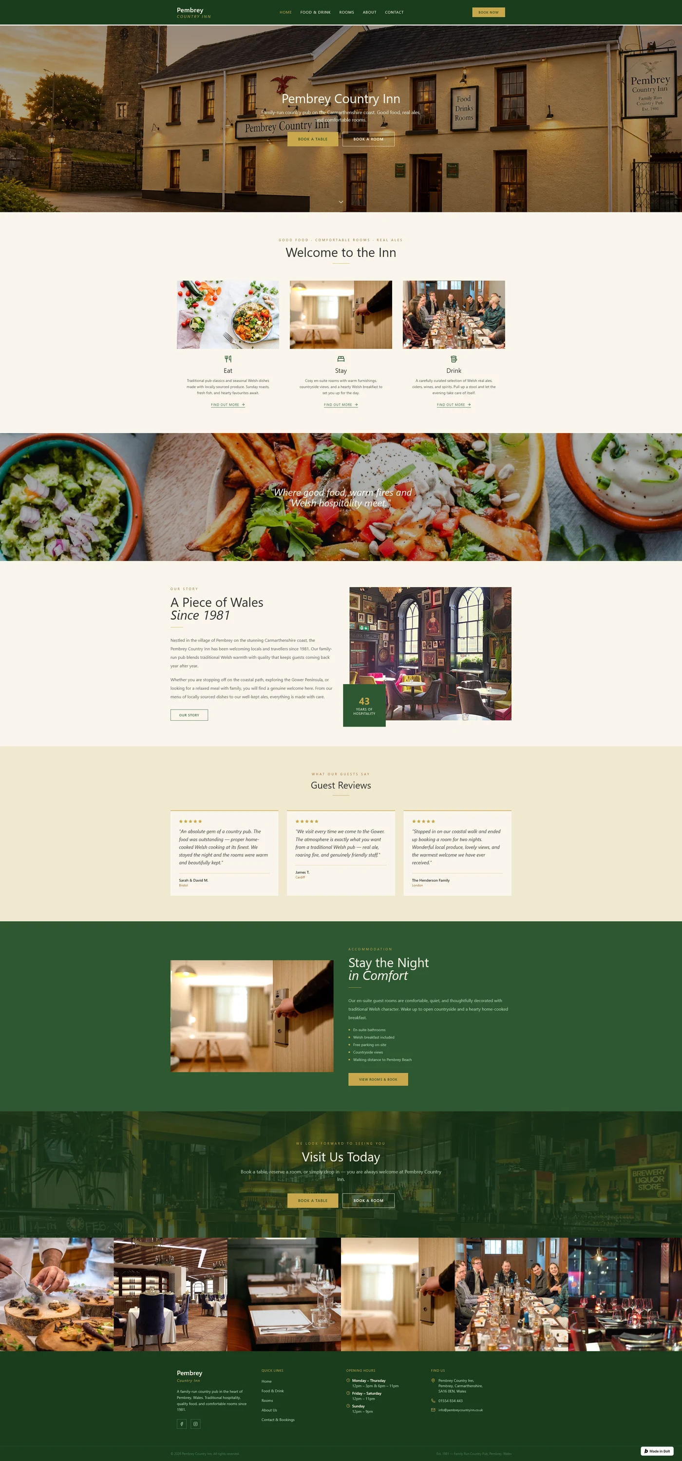 Full page of the Pembrey Country Inn website